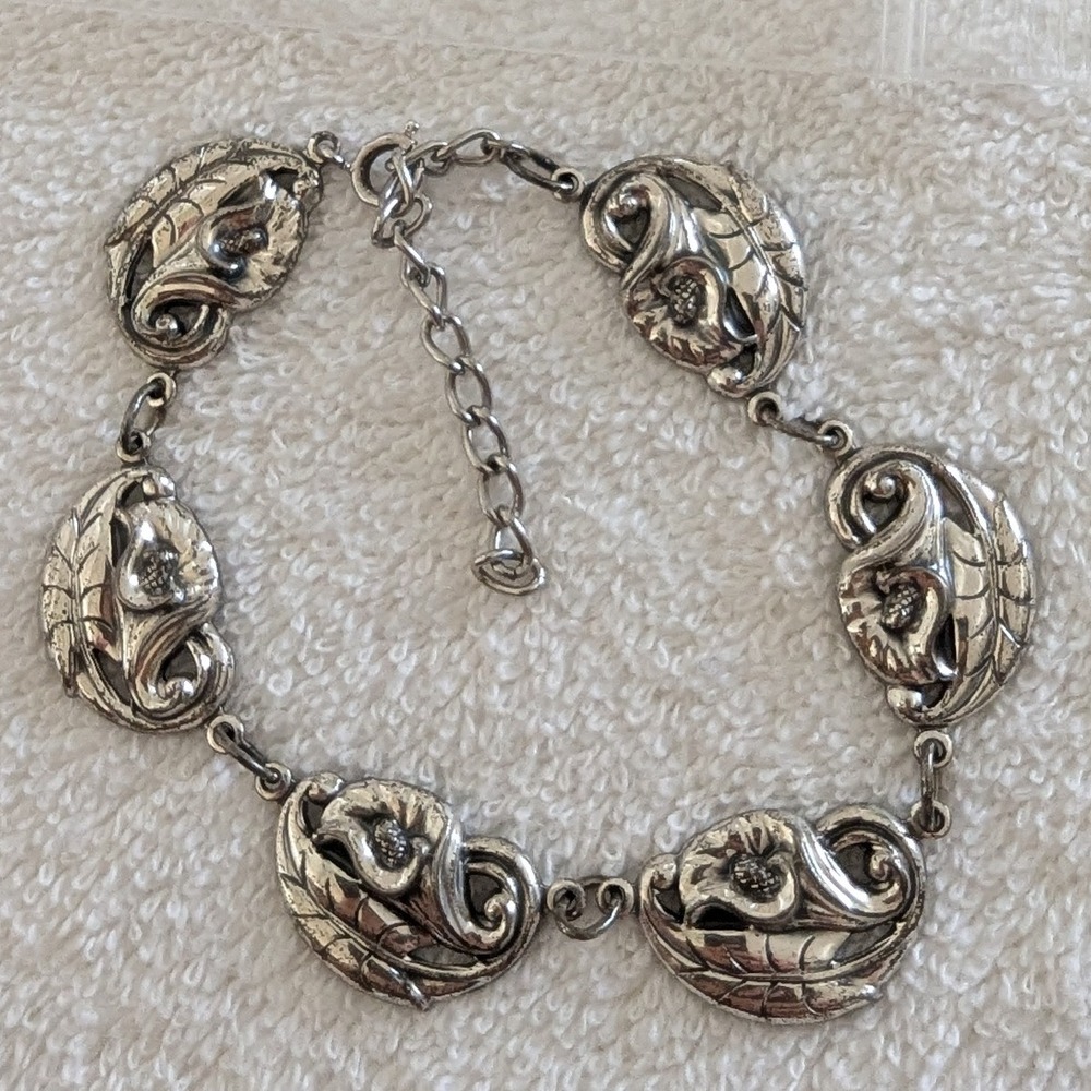 Danecraft 925 Sterling Silver Bracelet Art Nouveau Floral Design Vintage